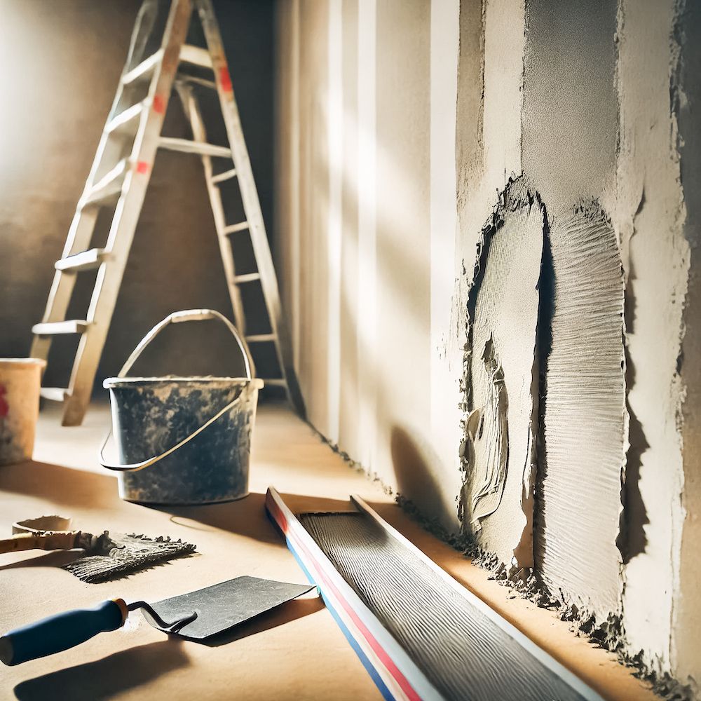 Mid-Range View of Drywall Seams with Construction Tools Nearby