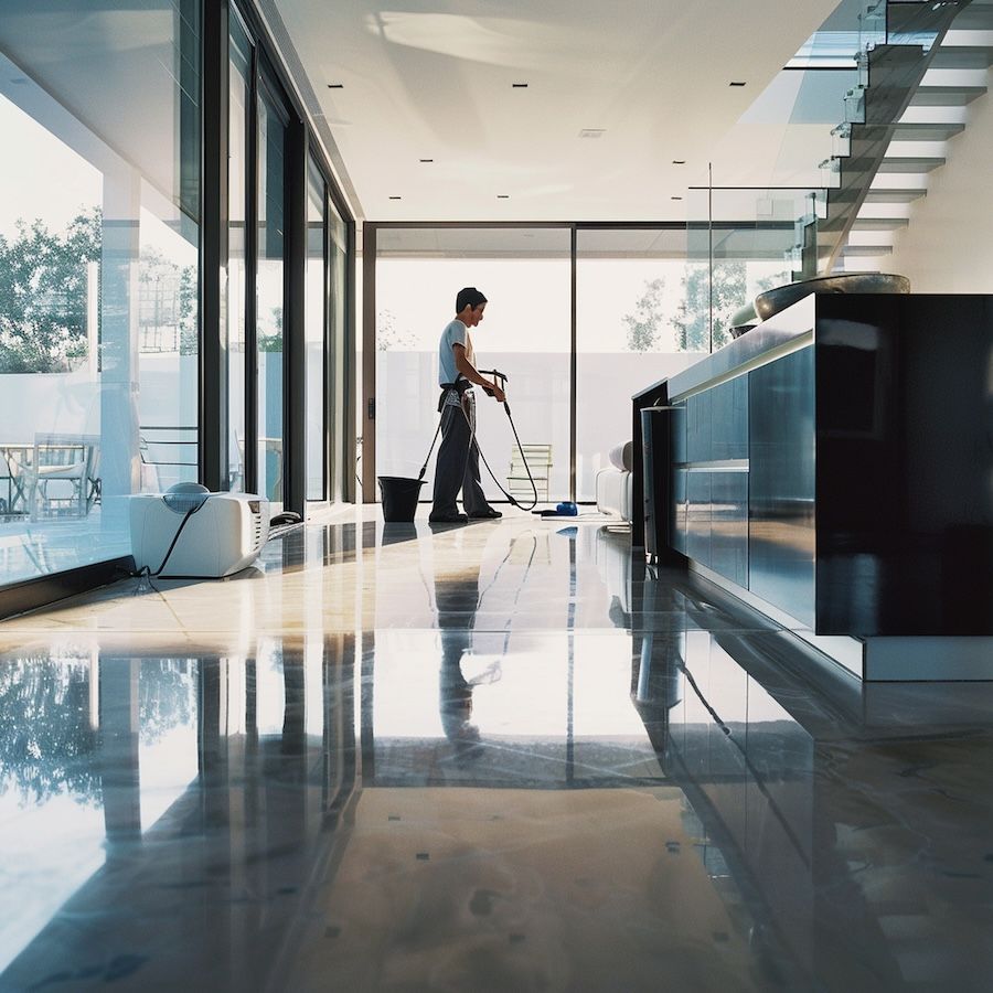 Man cleaning with cleaner in modern house